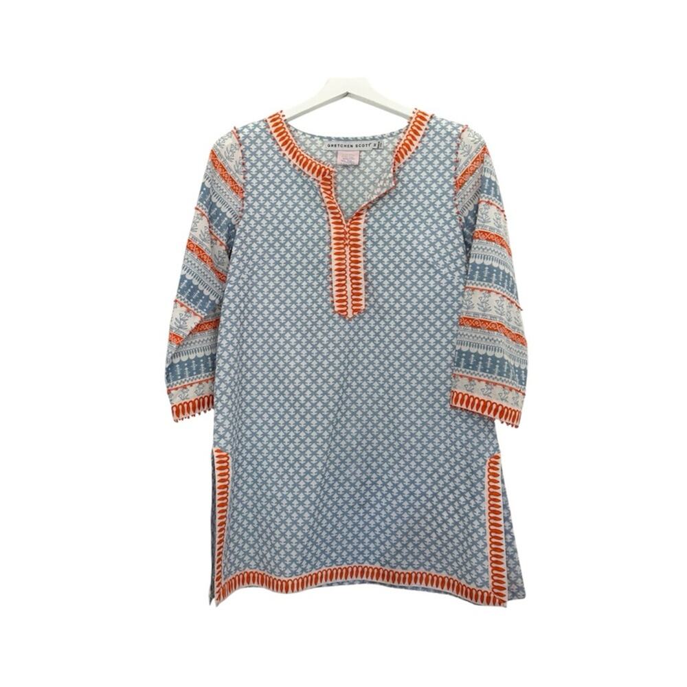 Gretchen Scott Blue Orange White Cotton Tunic Top 3/4 Sleeve Beaded Size Medium